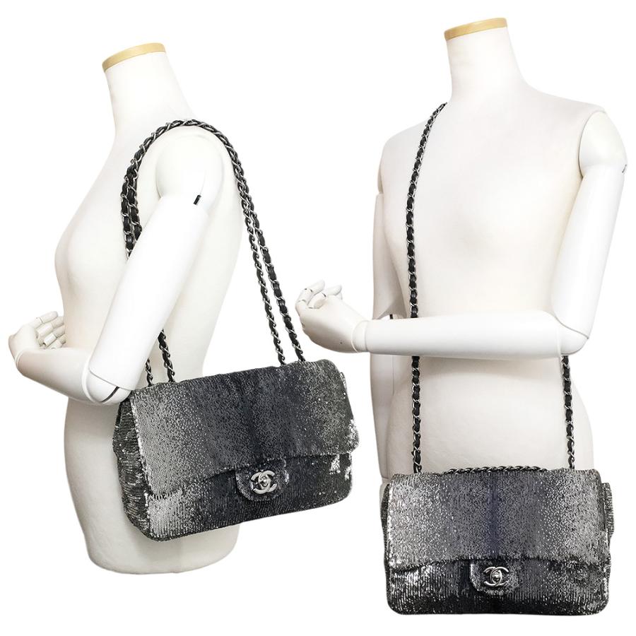 シャネル ココマーク フラップ Wチェーン 2way ショルダーバッグ 斜め掛け スパンコール レザー シルバーグレー シルバー金具 CHANEL（中古） CHANEL（シャネル） （中古）シャネル ココマーク フラップ Wチェーン