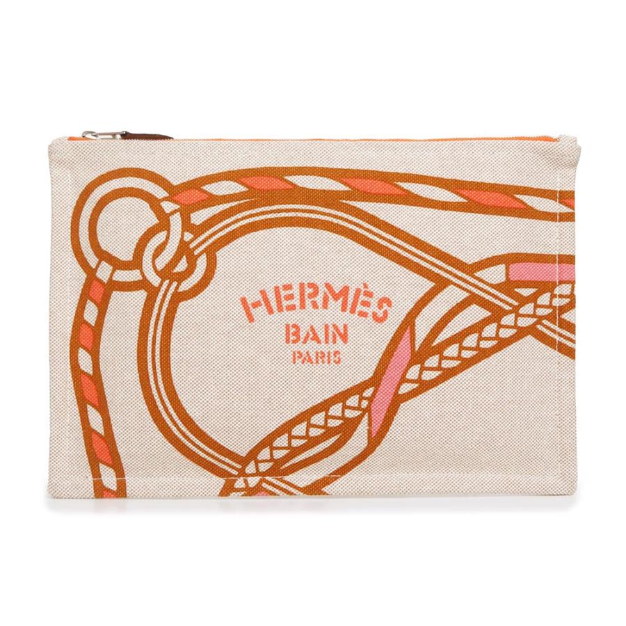 （未使用　展示品）エルメス HERMES トレサージュ マラン GM フラットポーチ クラッチバッグ 紐 ロープ柄 コットン タン オレンジ ローズ ライトブラウン ベージュ ピンク シルバー金具 HERMES（エルメス） （未使用 展示品）エルメス トレサージュ マラン