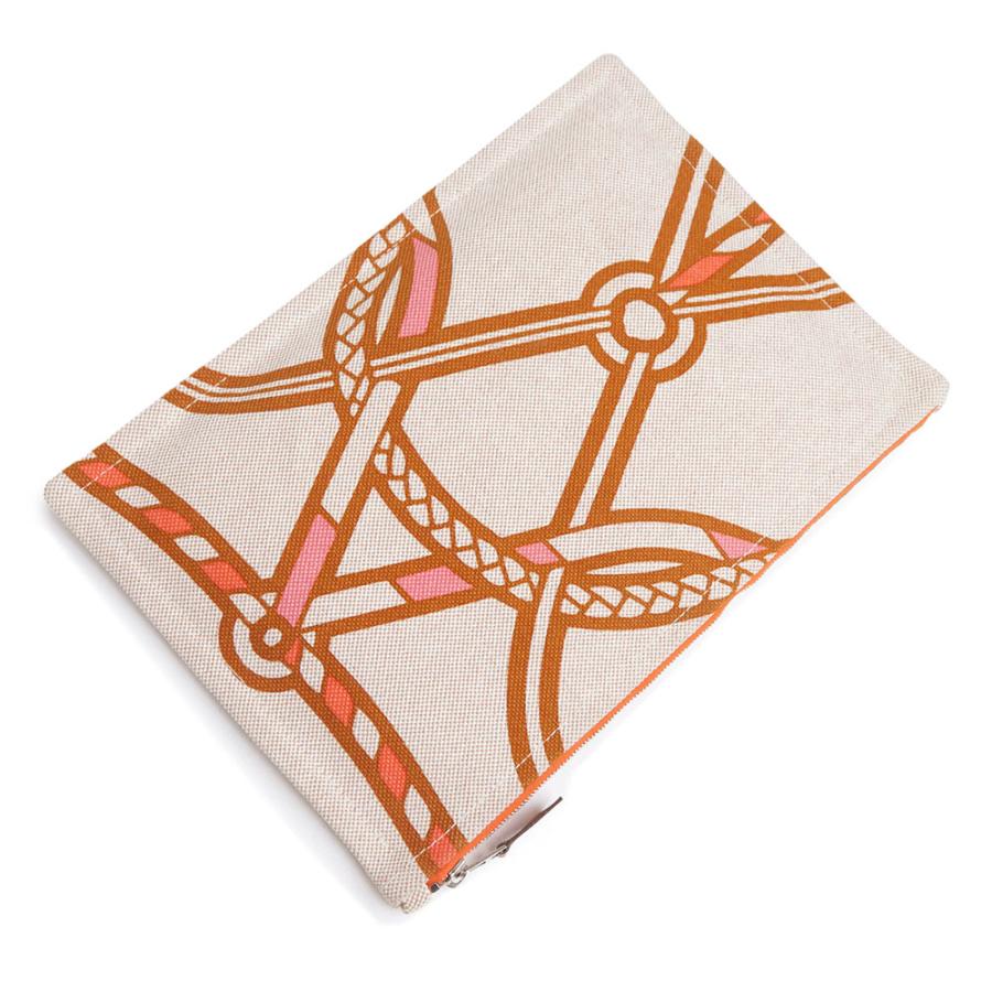 （未使用　展示品）エルメス HERMES トレサージュ マラン GM フラットポーチ クラッチバッグ 紐 ロープ柄 コットン タン オレンジ ローズ ライトブラウン ベージュ ピンク シルバー金具 HERMES（エルメス） （未使用 展示品）エルメス トレサージュ マラン