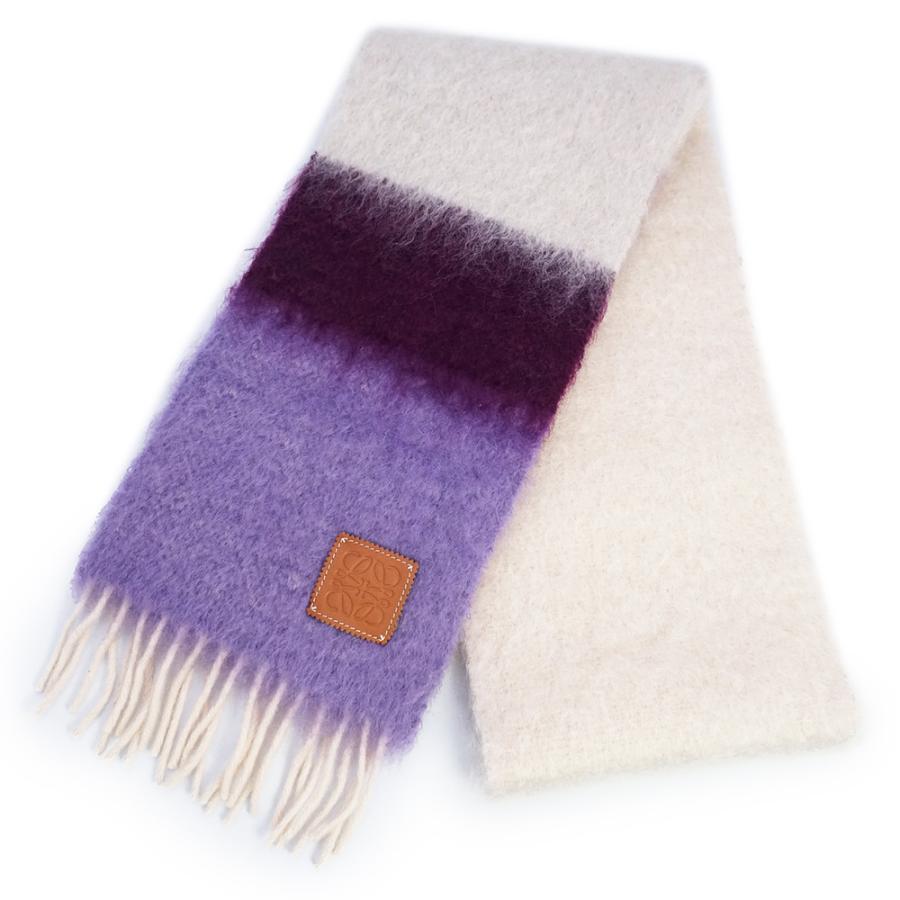 （新品同様品）ロエベ LOEWE アナグラム ストライプ スカーフ マフラー カーフスキン レザー モヘア ウール パープル ホワイト F811257X22 LOEWE（ロエベ） （新品同様品）ロエベ アナグラム ストライプ