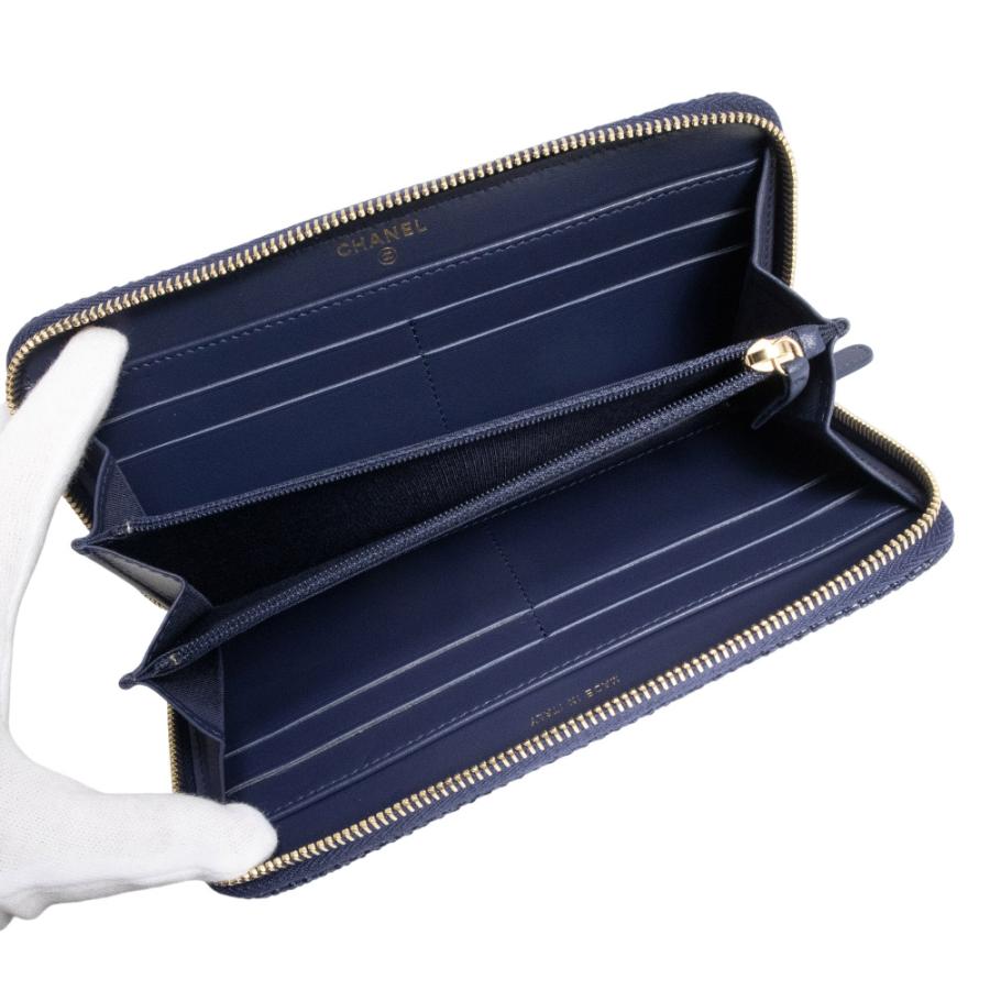 （未使用保管品）CHANEL シャネル A81977 ドーヴィル ライン ジップウォレット ラウンドファスナー キャンバス レザー ネイビー 長財布 ゴールド金具の画像