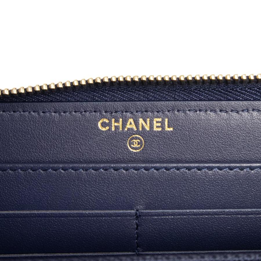 （未使用保管品）CHANEL シャネル A81977 ドーヴィル ライン ジップウォレット ラウンドファスナー キャンバス レザー ネイビー 長財布 ゴールド金具の画像