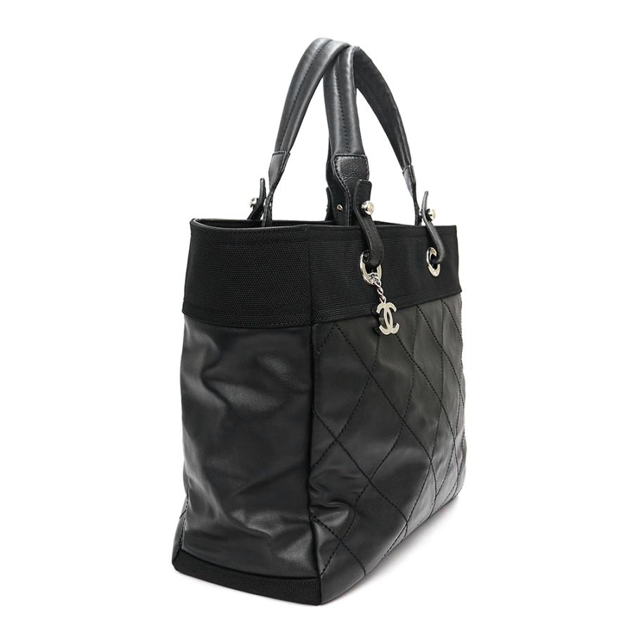 （中古）CHANEL シャネル A34209 パリビアリッツ トートバッグ MM コーティングキャンバス カーフスキン ブラック レザー シルバー金具の画像