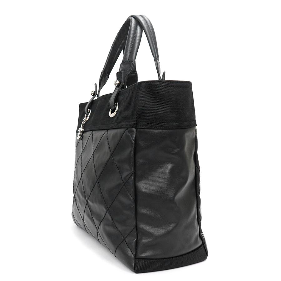 （中古）CHANEL シャネル A34209 パリビアリッツ トートバッグ MM コーティングキャンバス カーフスキン ブラック レザー シルバー金具の画像