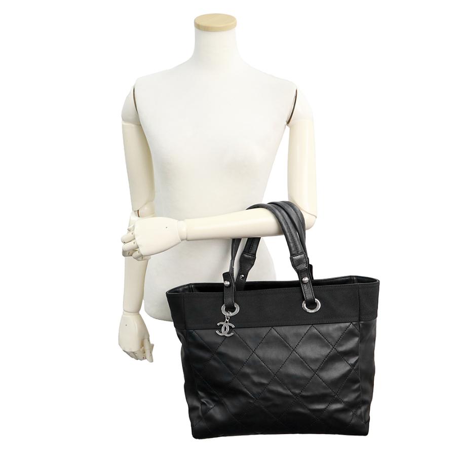 （中古）CHANEL シャネル A34209 パリビアリッツ トートバッグ MM コーティングキャンバス カーフスキン ブラック レザー シルバー金具の画像