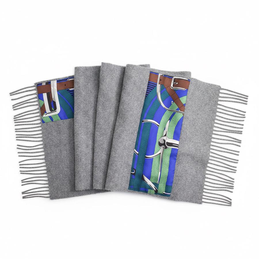 （新品・未使用品）HERMES エルメス Patch de Soie パッチ ドゥ ソワ Mors a Jouets Chemise Detail 馬銜 カシミヤ 100％ シルク100％ グレー マフラー 箱付の画像