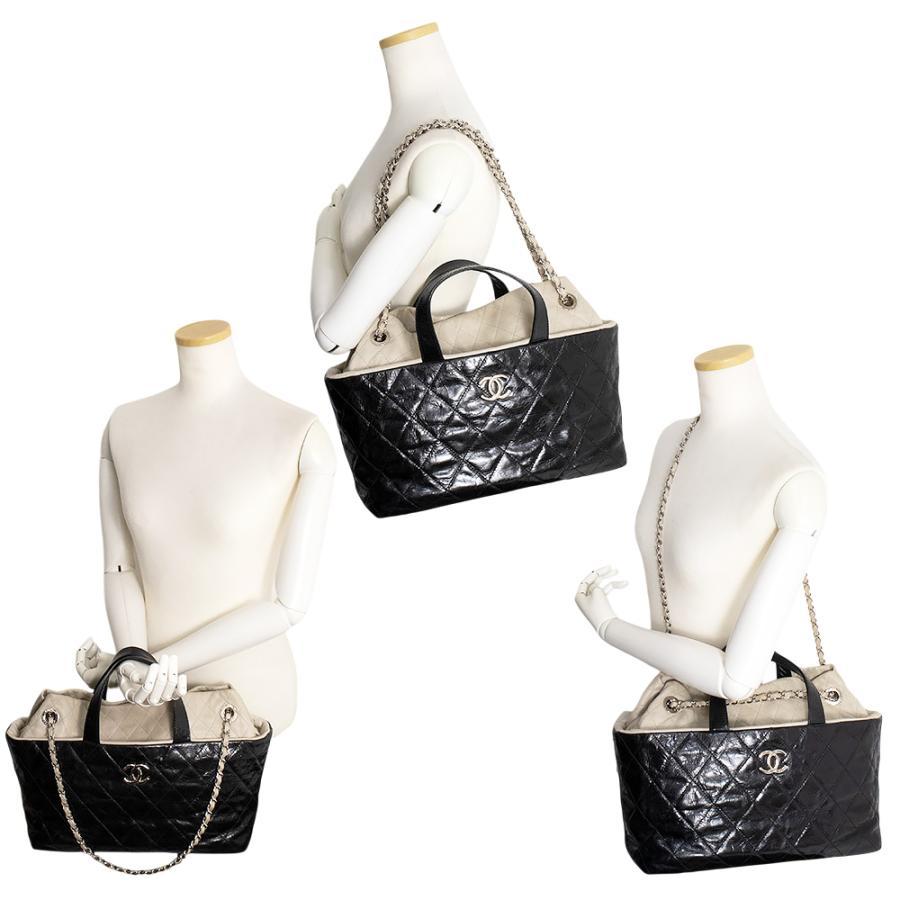 （中古）CHANEL シャネル ポートベロー エイジドカーフスキン ラムスキン レザー ブラック ベージュ チェーン 3Way ショルダー ハンドバッグ シルバー金具