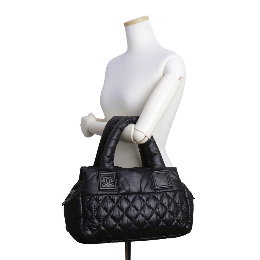 （美品）CHANEL シャネル A48619 ココ コクーン ナイロン レザー ブラック ボルドー ハンドバッグ ミニボストン シルバー金具の画像