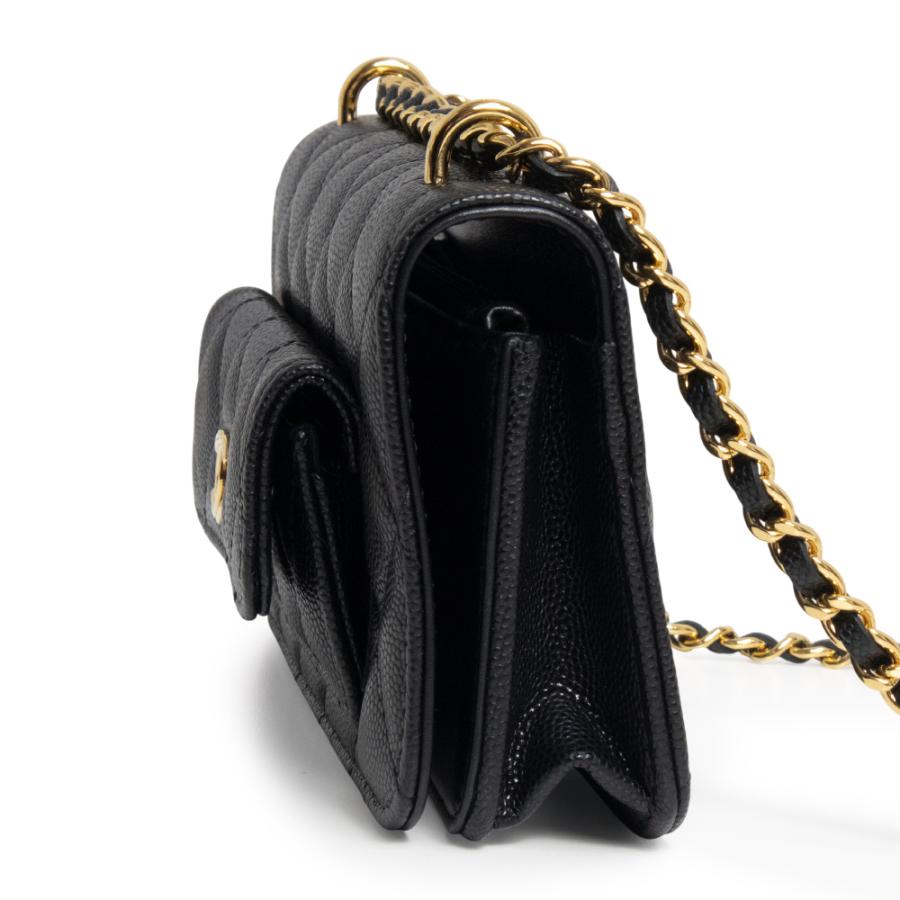 CHANEL シャネル チェーンウォレット カメリア ミニショルダーバッグ ココマーク ココ 長財布 肩掛け 斜め掛け  キャビアスキン   ブラック 黒 ゴールド金具 レディース 美品【中古品】 CHANEL（シャネル） （美品）CHANEL AP3465 ココマーク マトラッセ