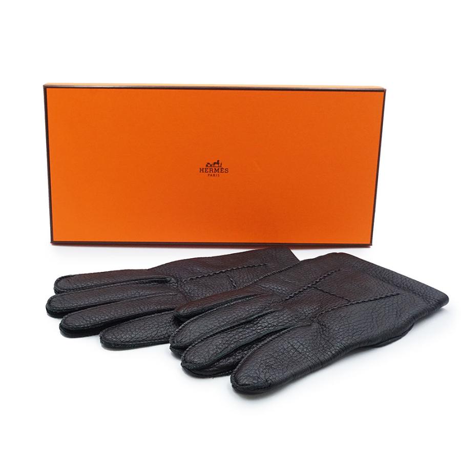【美品】HERMES 最高級ディアスキン Hロゴ金具 革手袋 シルク裏地 黒 HERMES（エルメス） （美品）HERMES Hステッチ ディアスキン ノワール