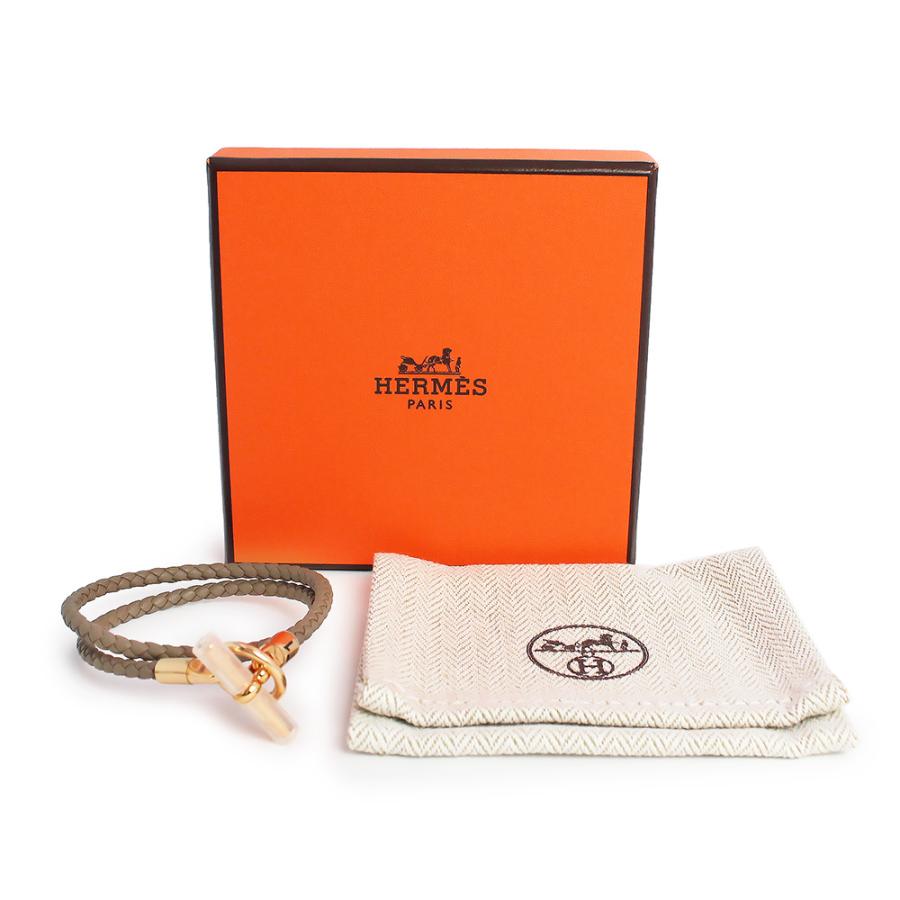 （新品・未使用品）HERMES エルメス グレナン ドゥブルトゥール ヴォースイフト エトゥープ グレージュ 2連 ブレスレット #T1 レザー ピンクゴールド金具 箱付の画像