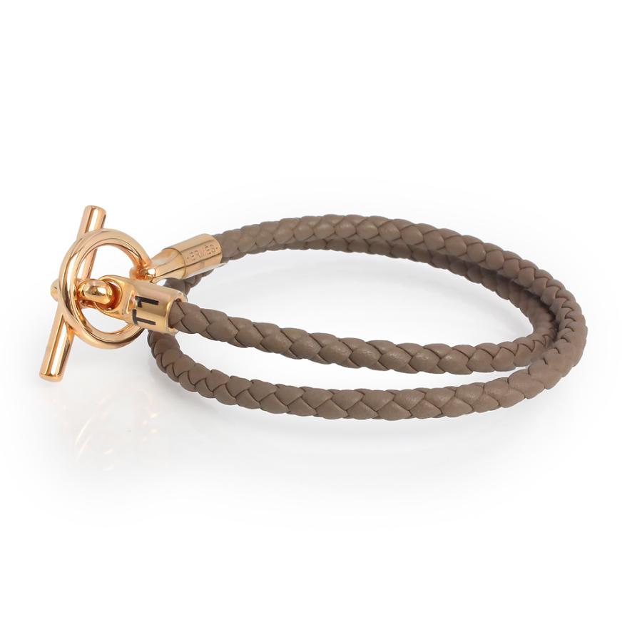 （新品・未使用品）HERMES エルメス グレナン ドゥブルトゥール ヴォースイフト エトゥープ グレージュ 2連 ブレスレット #T1 レザー ピンクゴールド金具 箱付の画像