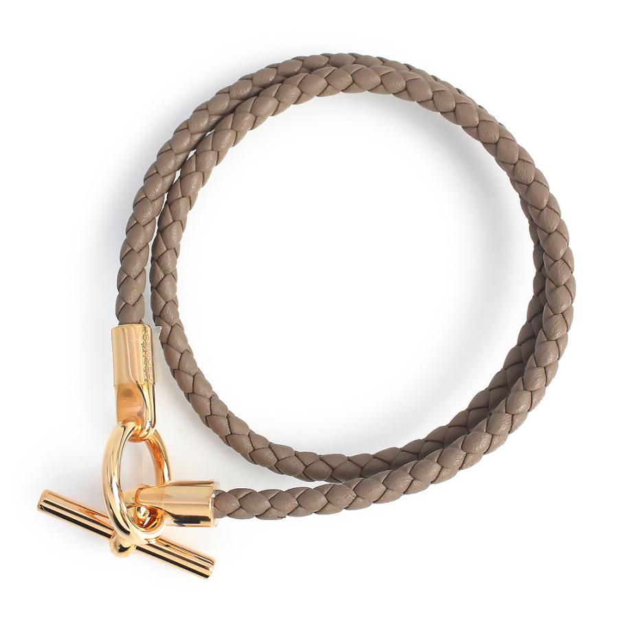 （新品・未使用品）HERMES エルメス グレナン ドゥブルトゥール ヴォースイフト エトゥープ グレージュ 2連 ブレスレット #T1 レザー ピンクゴールド金具 箱付の画像