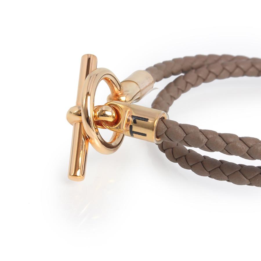 （新品・未使用品）HERMES エルメス グレナン ドゥブルトゥール ヴォースイフト エトゥープ グレージュ 2連 ブレスレット #T1 レザー ピンクゴールド金具 箱付の画像