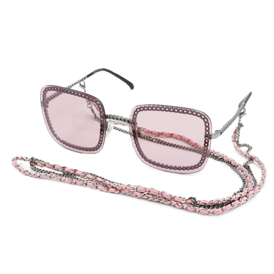 （美品）CHANEL シャネル 4244 A71291 チェーン ココマーク スクエア シェイプ アイウェア サングラス ピンク メタル シルバー 眼鏡