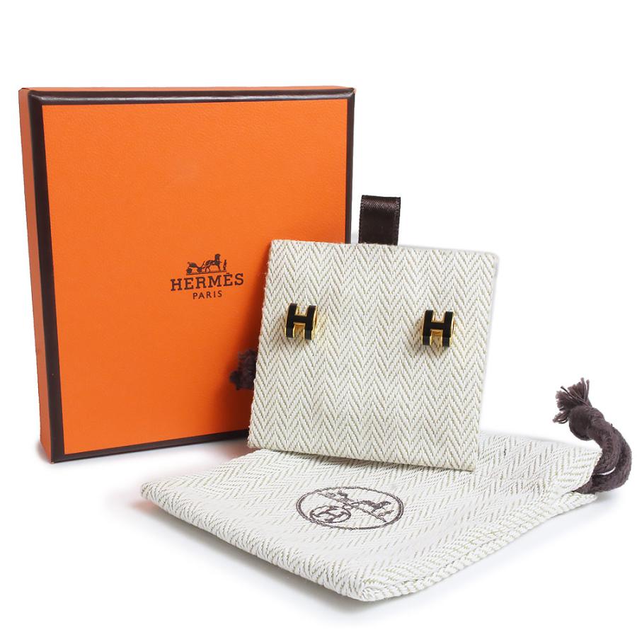 （新品・未使用品）HERMES エルメス ポップアッシュ ミニ ポップ H ラッカーメタル ゴールドプレーテッド ノワール ブラック ピアス ゴールド金具 箱付の画像