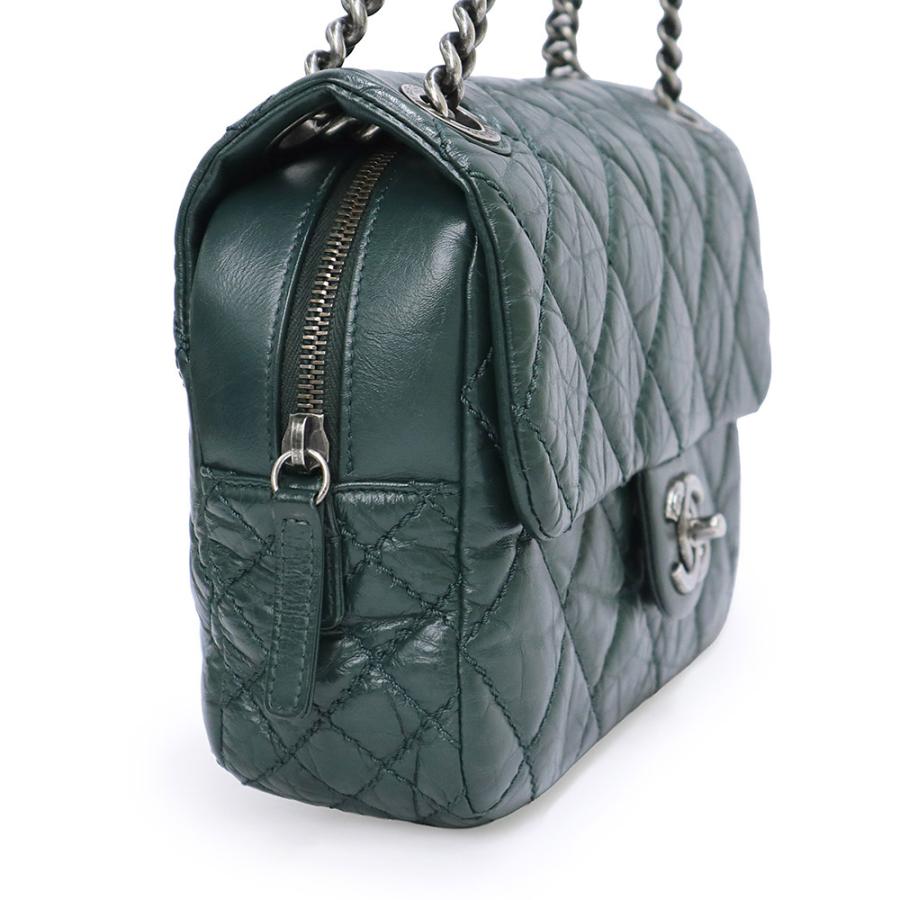 （中古）CHANEL シャネル A67373 ココマーク マトラッセ フラップ ダブルチェーン イリディッセント カーフスキン ダークグリーン 2WAY ショルダーバッグ レザー
