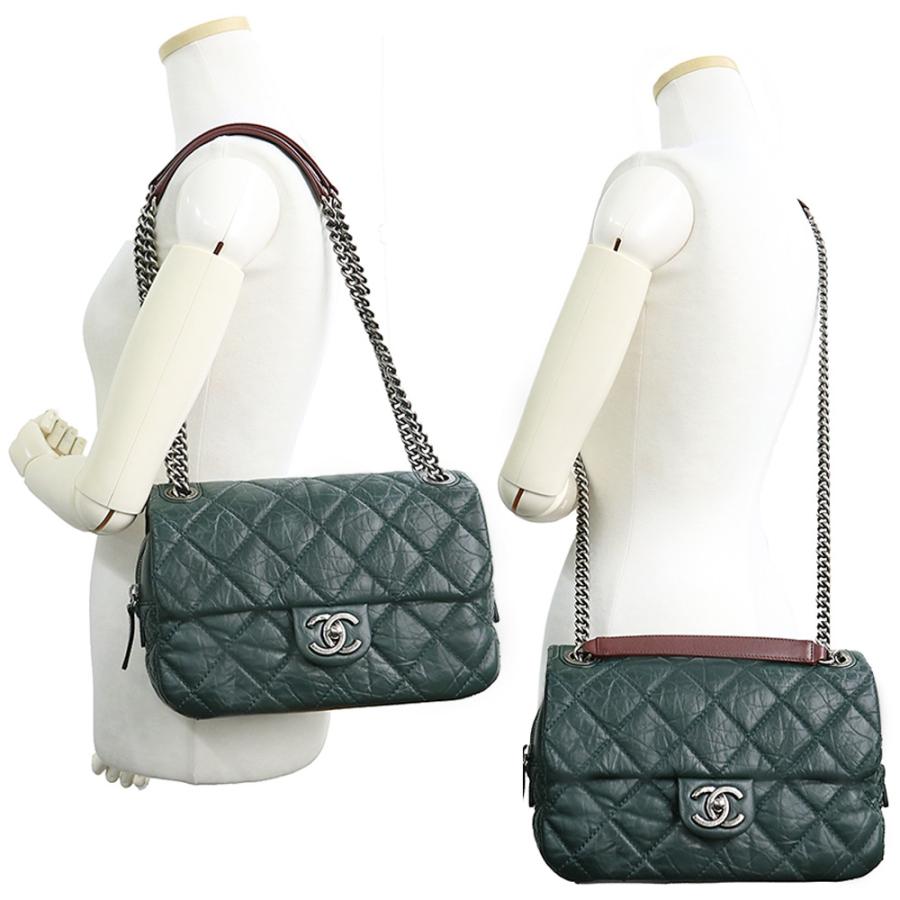 （中古）CHANEL シャネル A67373 ココマーク マトラッセ フラップ ダブルチェーン イリディッセント カーフスキン ダークグリーン 2WAY ショルダーバッグ レザー