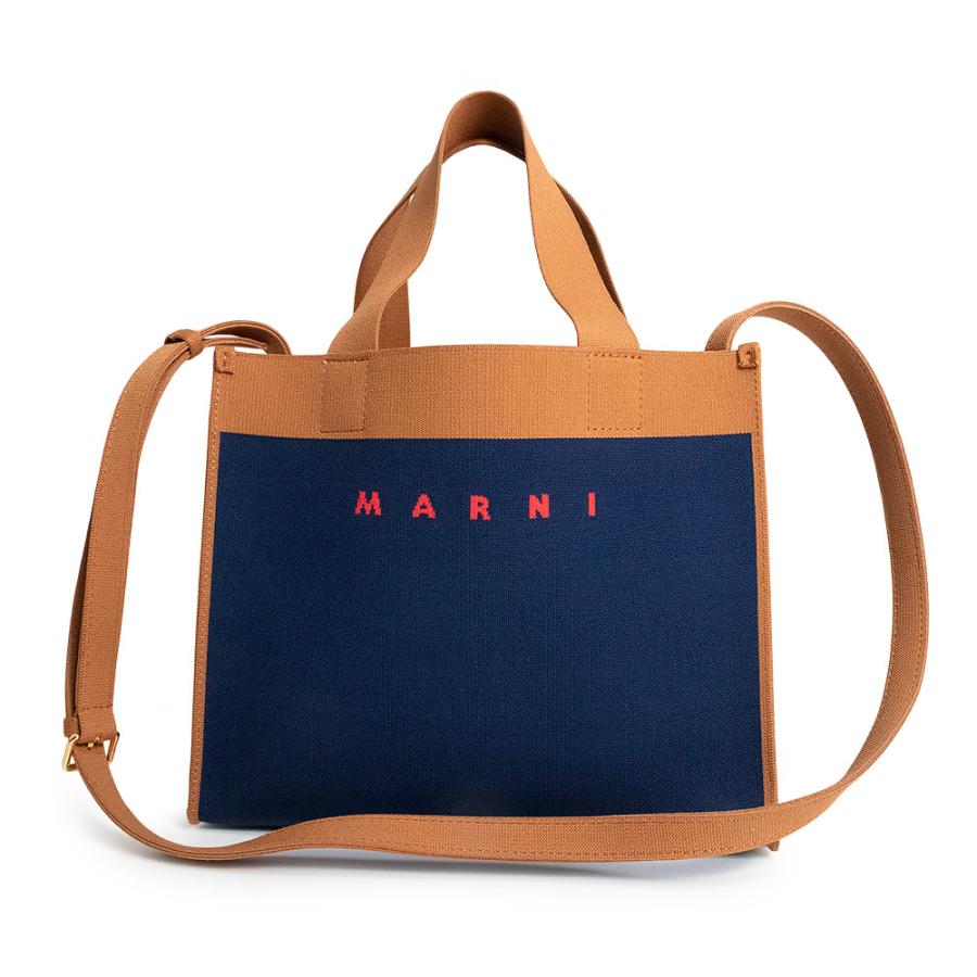 （未使用　展示品）MARNI マルニ SHMP0083A0 ジャガード キャンバス ネイビー ブラウン 斜め掛け 2Way ショルダー ハンドバッグ ゴールド金具