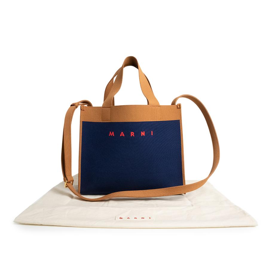 （未使用　展示品）MARNI マルニ SHMP0083A0 ジャガード キャンバス ネイビー ブラウン 斜め掛け 2Way ショルダー ハンドバッグ ゴールド金具の画像