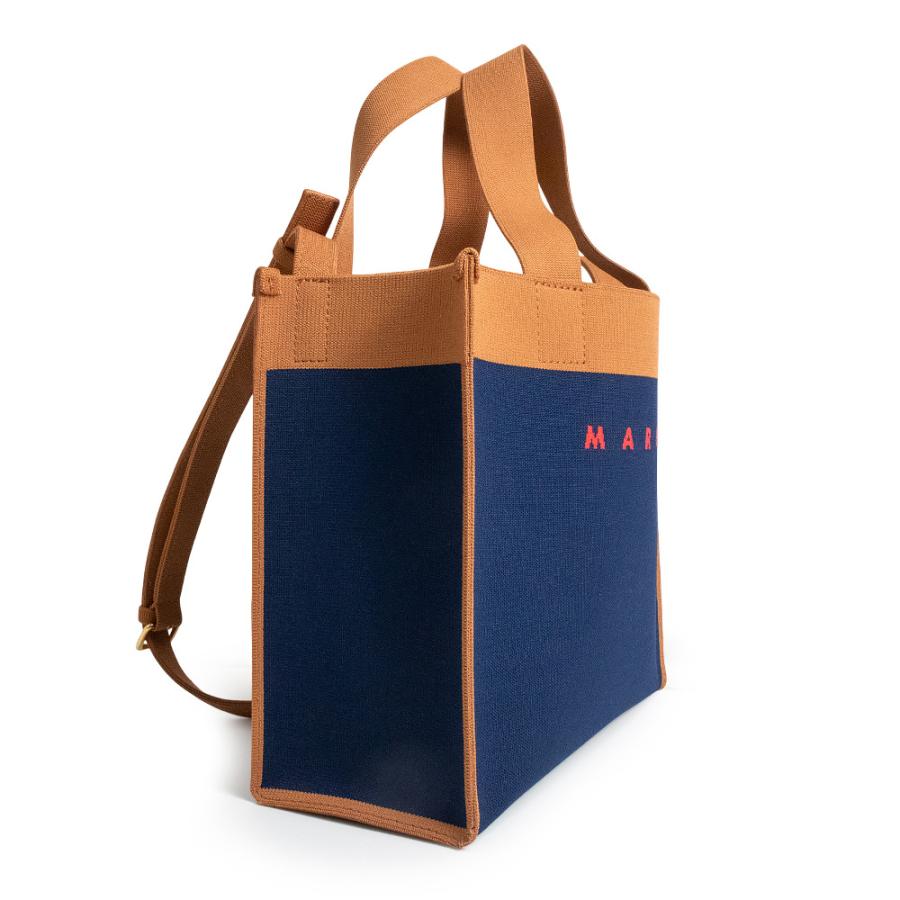 （未使用　展示品）MARNI マルニ SHMP0083A0 ジャガード キャンバス ネイビー ブラウン 斜め掛け 2Way ショルダー ハンドバッグ ゴールド金具の画像