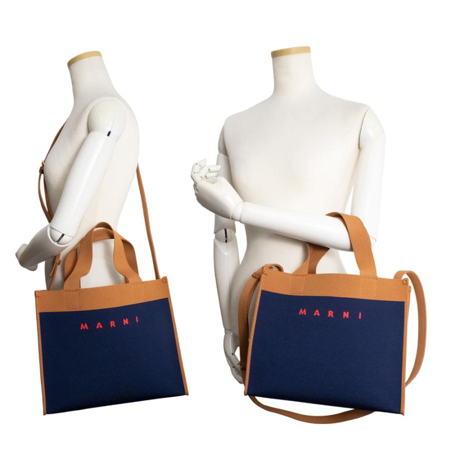 （未使用　展示品）MARNI マルニ SHMP0083A0 ジャガード キャンバス ネイビー ブラウン 斜め掛け 2Way ショルダー ハンドバッグ ゴールド金具の画像