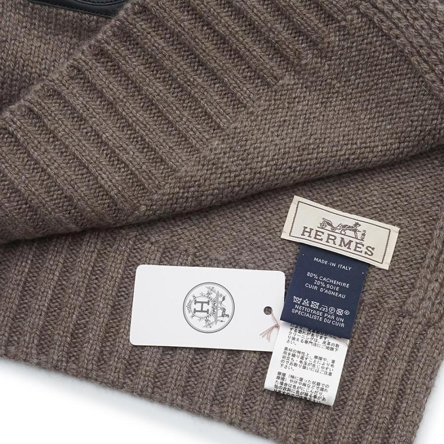 （新品・未使用品）HERMES エルメス クォーターバッシュ レザーパッチ ラムスキン カシミヤ80% シルク20% エトゥープ エトープ グレージュ ブラウン マフラーの画像