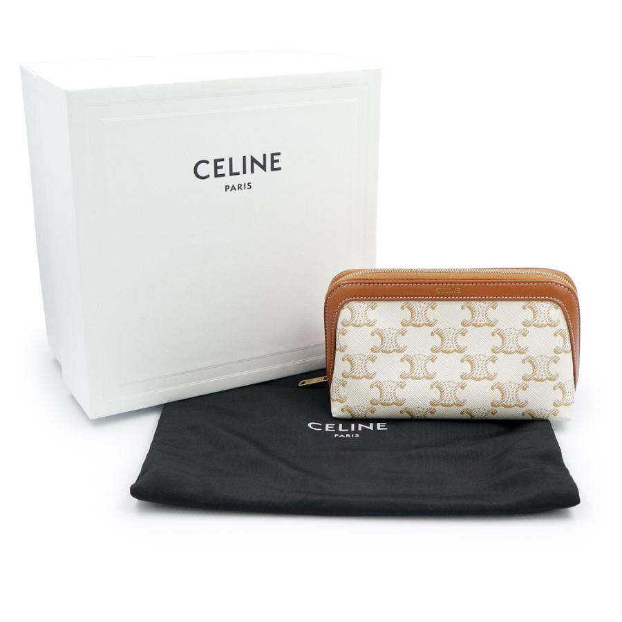 （新品・未使用品）CELINE セリーヌ 4M1622CZJ スモール コスメティックポーチ トリオンフキャンバス カーフスキン ホワイト ブラウン 化粧ポーチ レザー_1