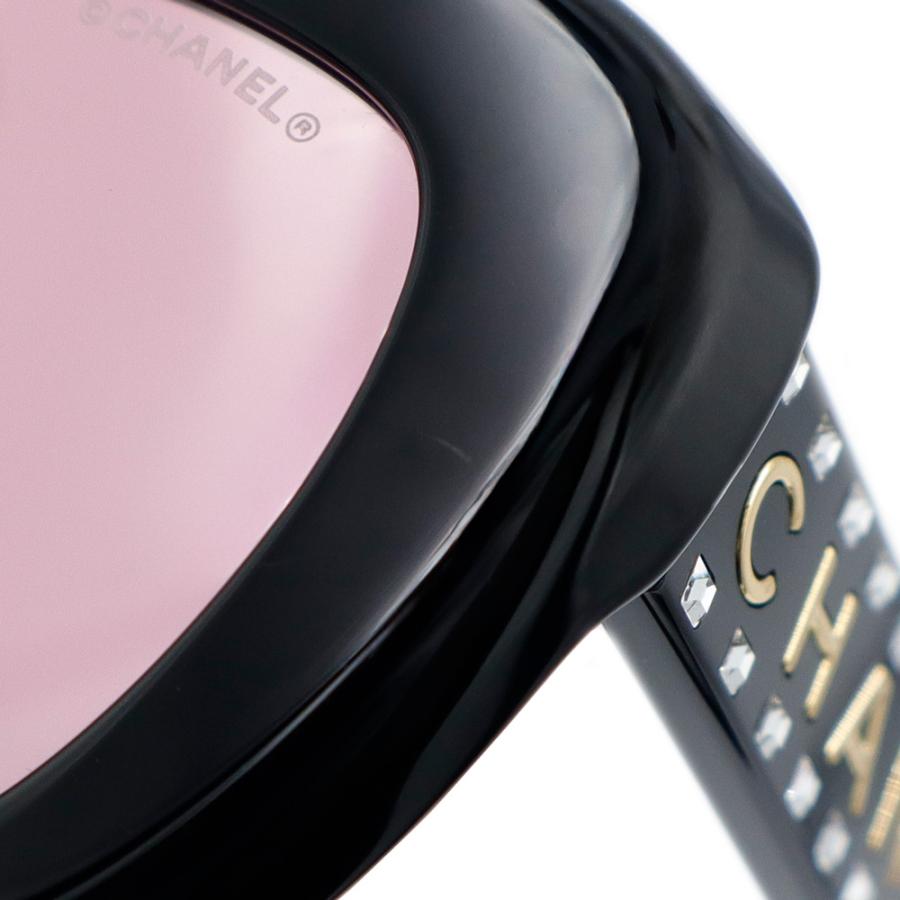 （美品）CHANEL シャネル A71668 ロゴ ラインストーン キャットアイ ブラック ゴールド ライトピンクレンズ 眼鏡 メガネ アイウェア サングラスの画像