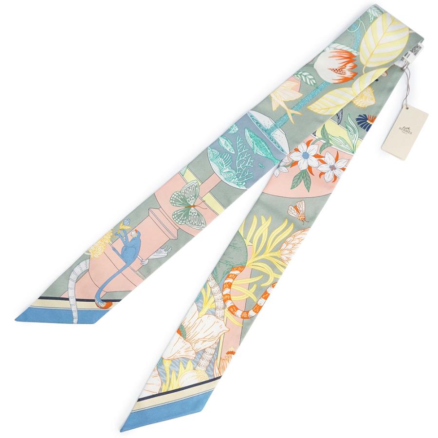 （新品・未使用品）HERMES エルメス ツイリー プレシャス パラダイス Precious Paradise シルク100％ ヴェールアマンド ライトグリーン リボン スカーフ 箱付の画像