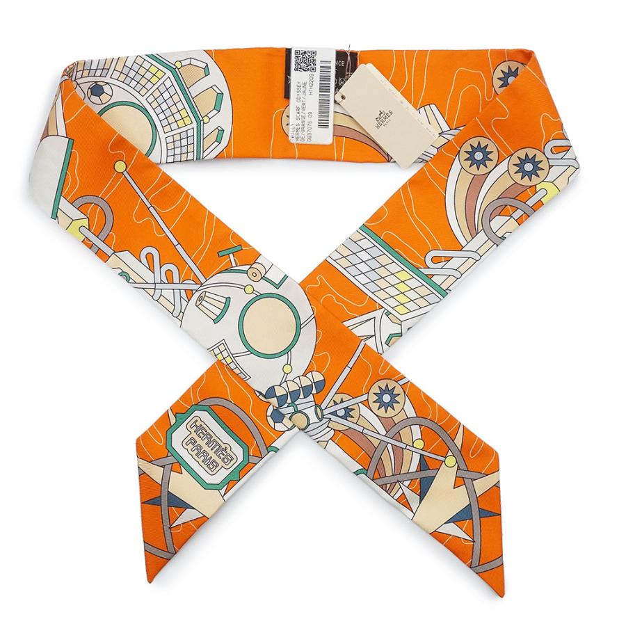 （新品・未使用品）HERMES エルメス ツイリー Odyssey オデッセイ シルク100％ オレンジ ヴェール ジョーヌ リボン スカーフ 箱付の画像