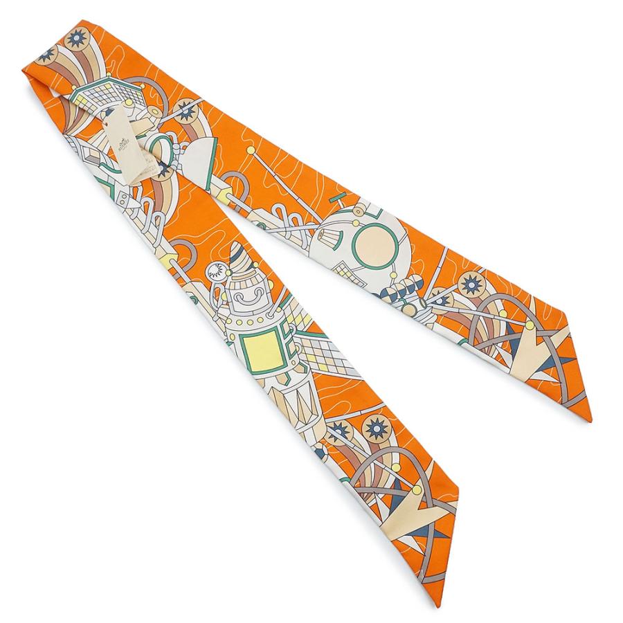 （新品・未使用品）HERMES エルメス ツイリー Odyssey オデッセイ シルク100％ オレンジ ヴェール ジョーヌ リボン スカーフ 箱付の画像