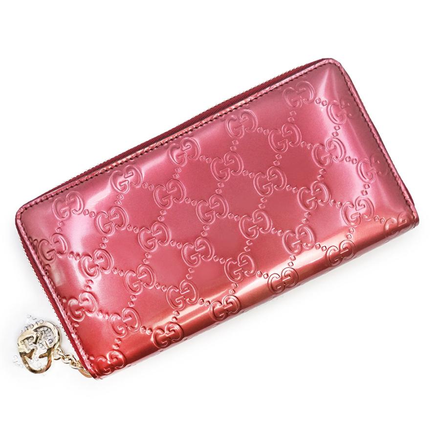 GUCCI ラブリーハート GGシマ 長財布 レザー メタリックピンク