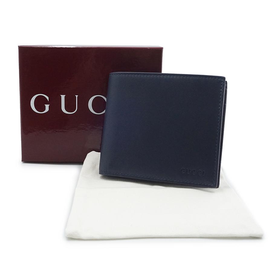 （新品・未使用品）GUCCI グッチ 818946 日本限定 GGエンブレム ブラック インテリア スムースレザー GGスプリームキャンバス ダークブルー 二つ折り財布 箱付の画像