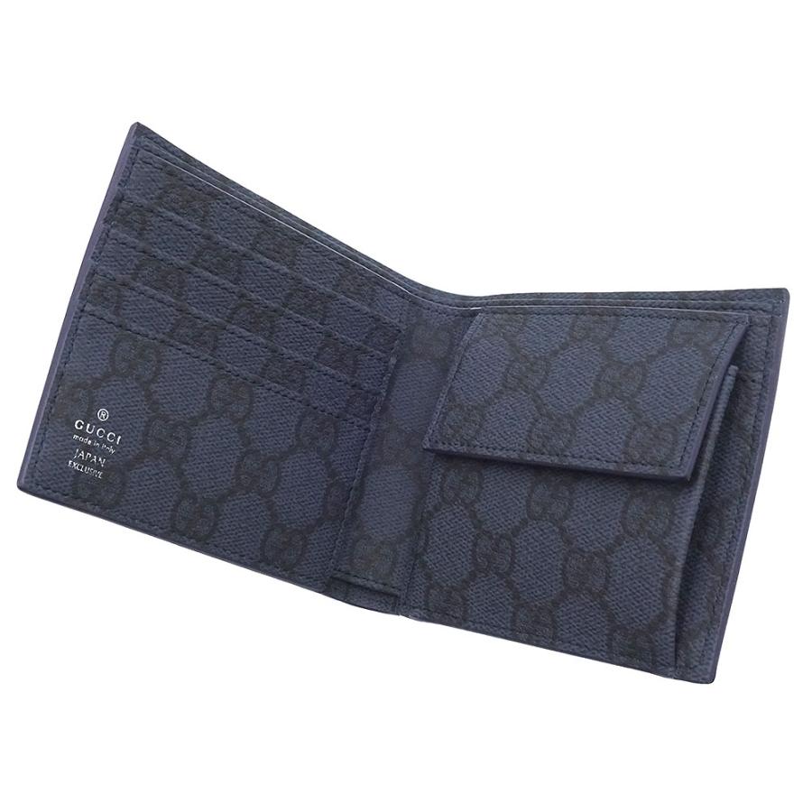 （新品・未使用品）GUCCI グッチ 818946 日本限定 GGエンブレム ブラック インテリア スムースレザー GGスプリームキャンバス ダークブルー 二つ折り財布 箱付の画像