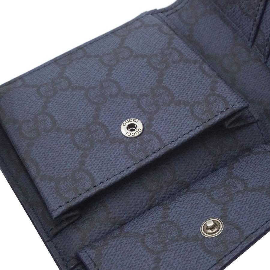 （新品・未使用品）GUCCI グッチ 818946 日本限定 GGエンブレム ブラック インテリア スムースレザー GGスプリームキャンバス ダークブルー 二つ折り財布 箱付の画像