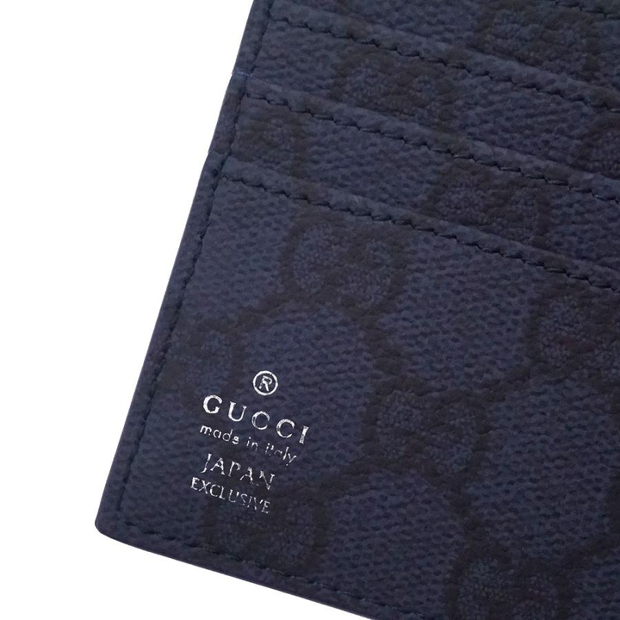 （新品・未使用品）GUCCI グッチ 818946 日本限定 GGエンブレム ブラック インテリア スムースレザー GGスプリームキャンバス ダークブルー 二つ折り財布 箱付の画像