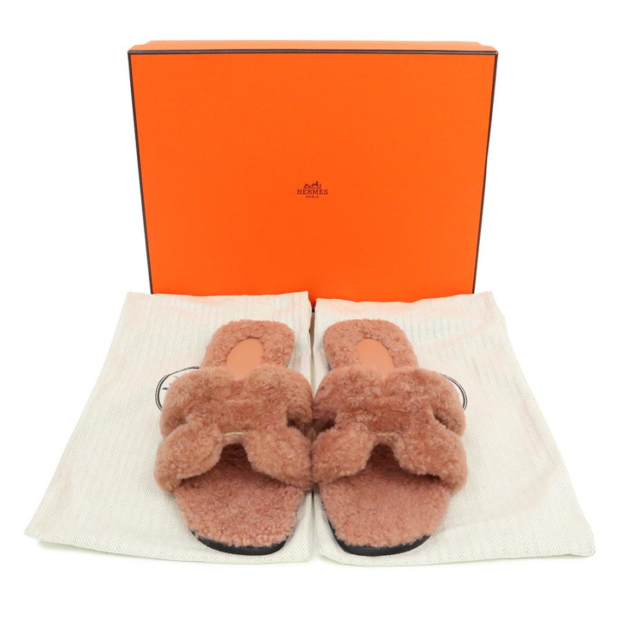 （新品・未使用品）エルメス HERMES オラン サンダル ミュール ウールスキン シープスキン ムートン ローズオーブ ピンク 35.5 22.5cm 箱付の画像