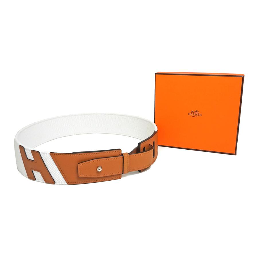 （新品・未使用品）エルメス HERMES クロワジエールH 50 ベルト #80 ヴォーエプソン レザー キャンバス ゴールド ブラン ブラウン ホワイト 茶 白 Z刻印 箱付の画像