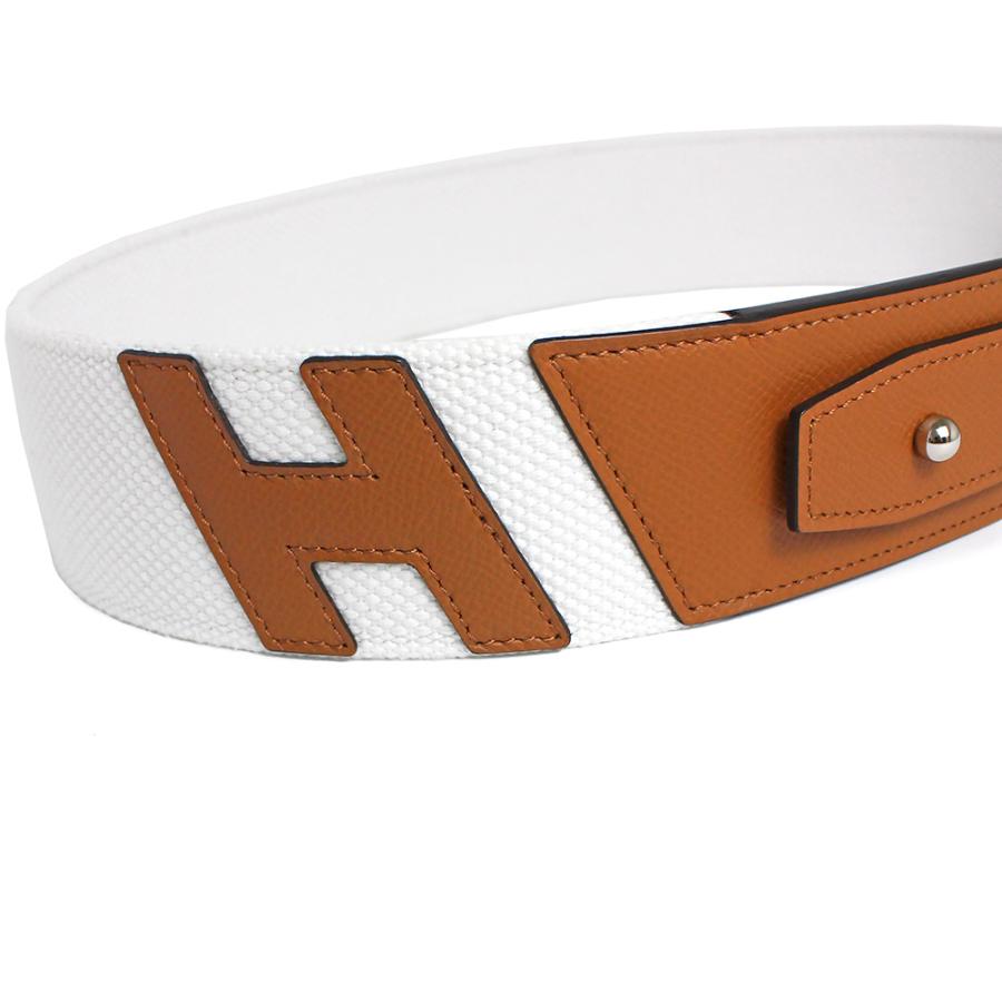 （新品・未使用品）エルメス HERMES クロワジエールH 50 ベルト #80 ヴォーエプソン レザー キャンバス ゴールド ブラン ブラウン ホワイト 茶 白 Z刻印 箱付の画像