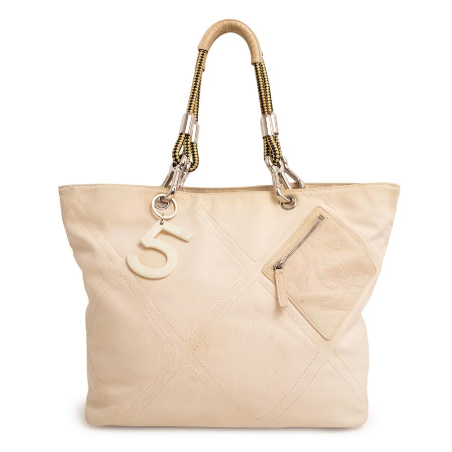 （中古）シャネル CHANEL No.5 ナンバー5 ココマーク ロープ トート ハンドバッグ キャンバス レザー ベージュ シルバー金具 A27208 CHANEL（シャネル） （中古）シャネル CHANEL No.5 ナンバー5 ココ