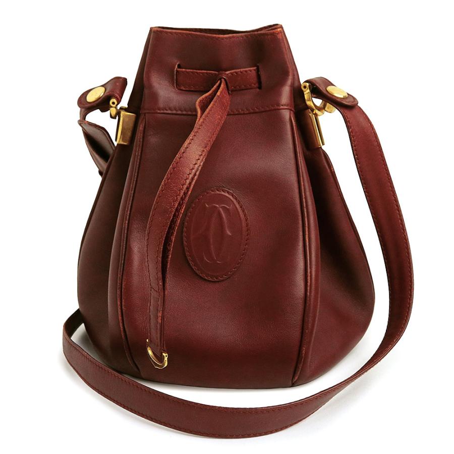 【未使用品 】カルティエ マストライン 巾着ショルダーバッグ レザー ボルドー Cartier（カルティエ） （中古）Cartier マストライン 巾着 カーフ