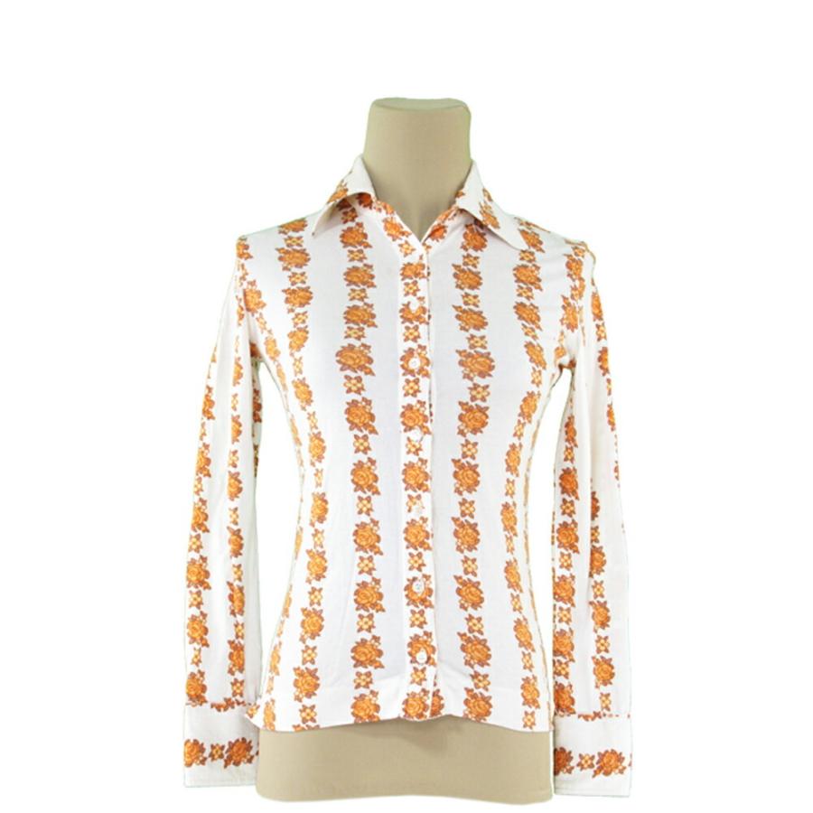 【バレンタインSALE★30％OFF】セリーヌ CELINE 長袖シャツ フラワー 花柄 ♯38サイズ ホワイト 白 オレンジ系 レディース 中古 | CELINE