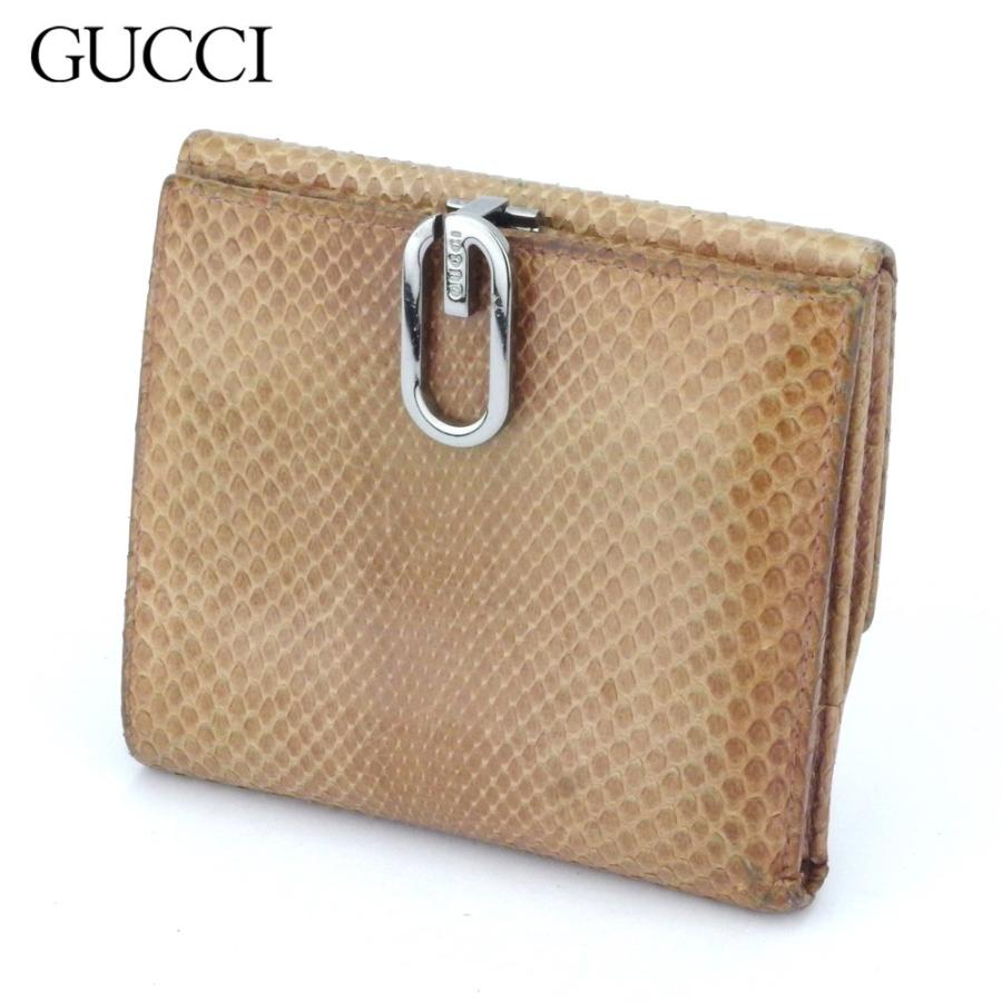 【GWタイムSALE★30％OFF】グッチ Wホック 財布 二つ折り レディース Gマーク パイソン ベージュ ブラウン シルバー系 中古