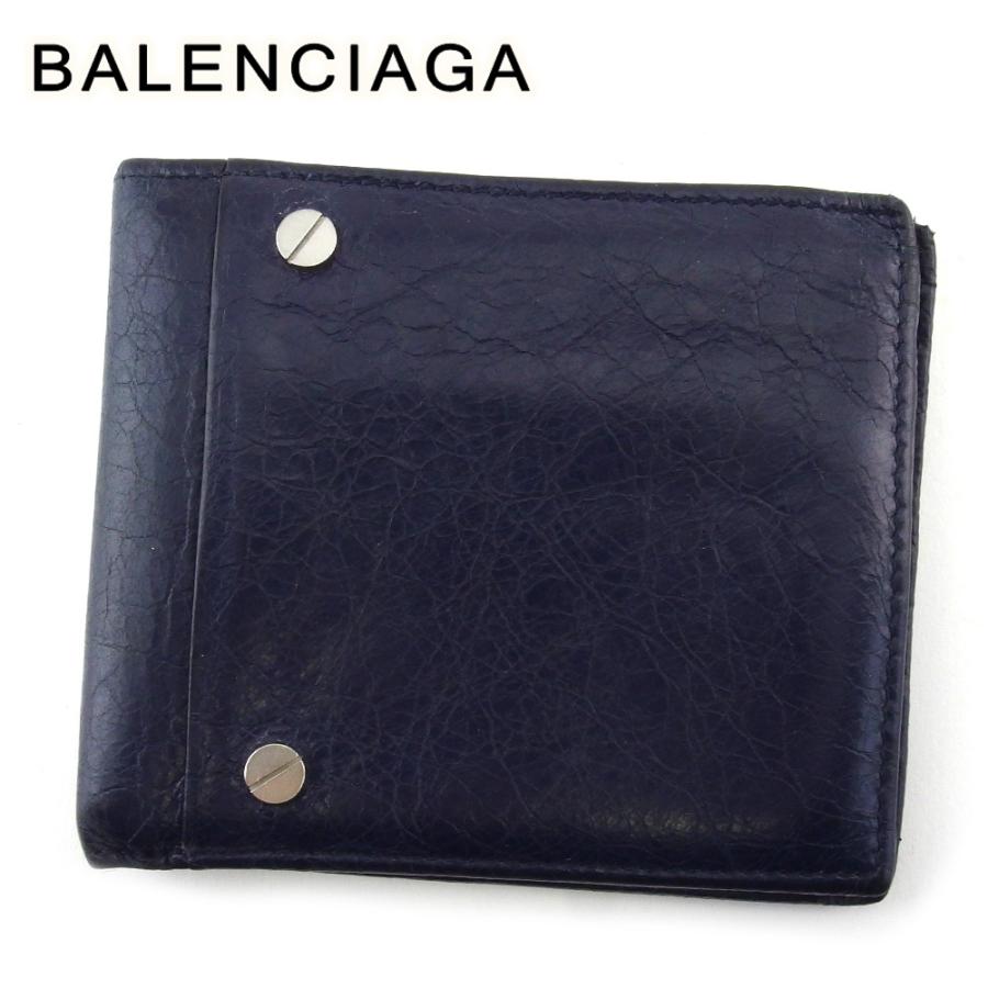 【週末タイムSALE★30％OFF】バレンシアガ 二つ折り 札入れ ミニ札入れ メンズ スクエアウォレット ネイビー シルバー 中古