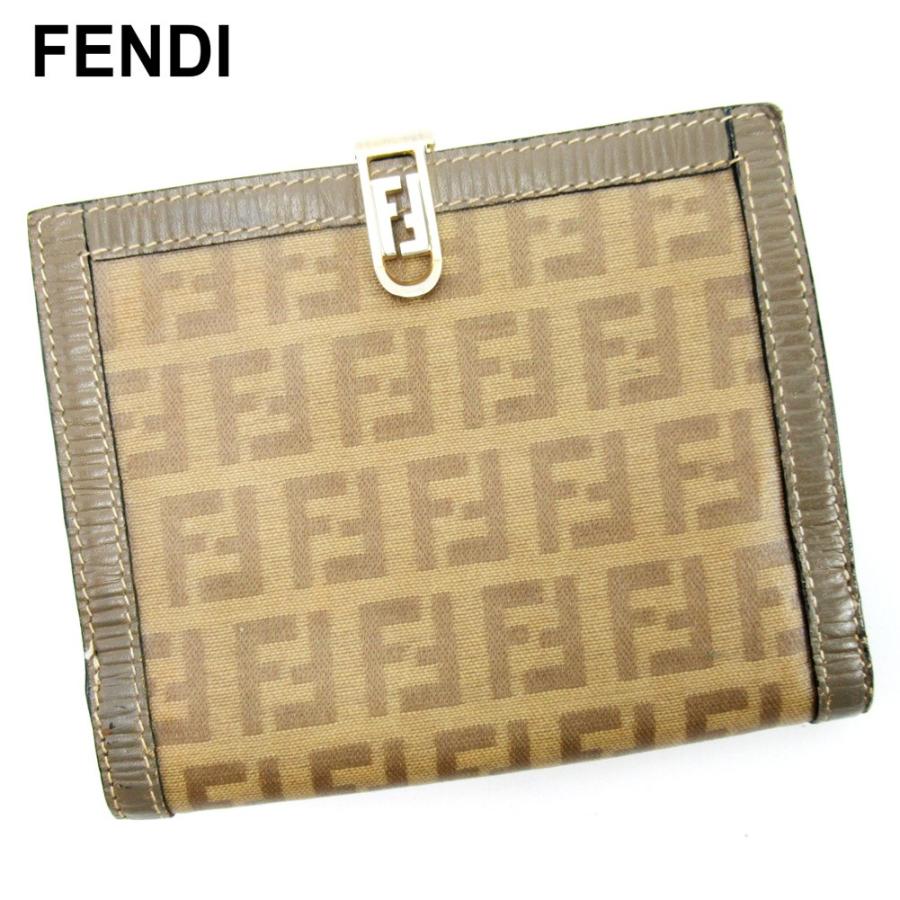 【GWタイムSALE★30％OFF】フェンディ がま口 財布 二つ折り 財布 レディース ズッキーノ ベージュ 中古