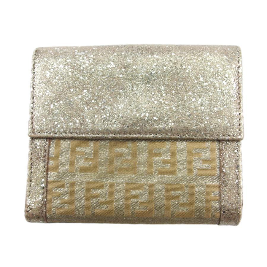 【GWタイムSALE★30％OFF】フェンディ Wホック 財布 二つ折り ミニ財布 レディース グリッター ズッキーノ ベージュ シルバー ピンク ゴールド 中古_1