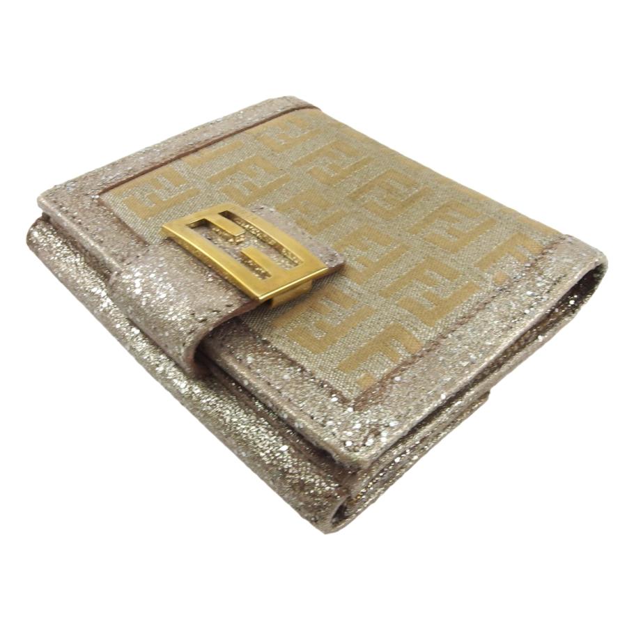 【GWタイムSALE★30％OFF】フェンディ Wホック 財布 二つ折り ミニ財布 レディース グリッター ズッキーノ ベージュ シルバー ピンク ゴールド 中古_2