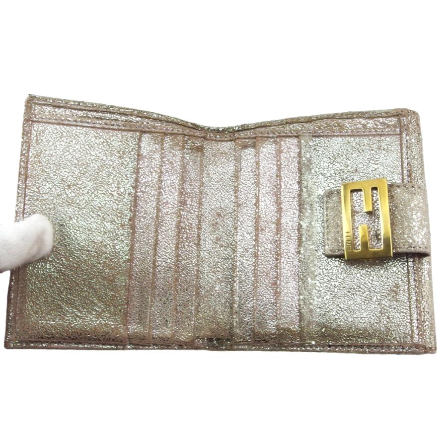【GWタイムSALE★30％OFF】フェンディ Wホック 財布 二つ折り ミニ財布 レディース グリッター ズッキーノ ベージュ シルバー ピンク ゴールド 中古_4