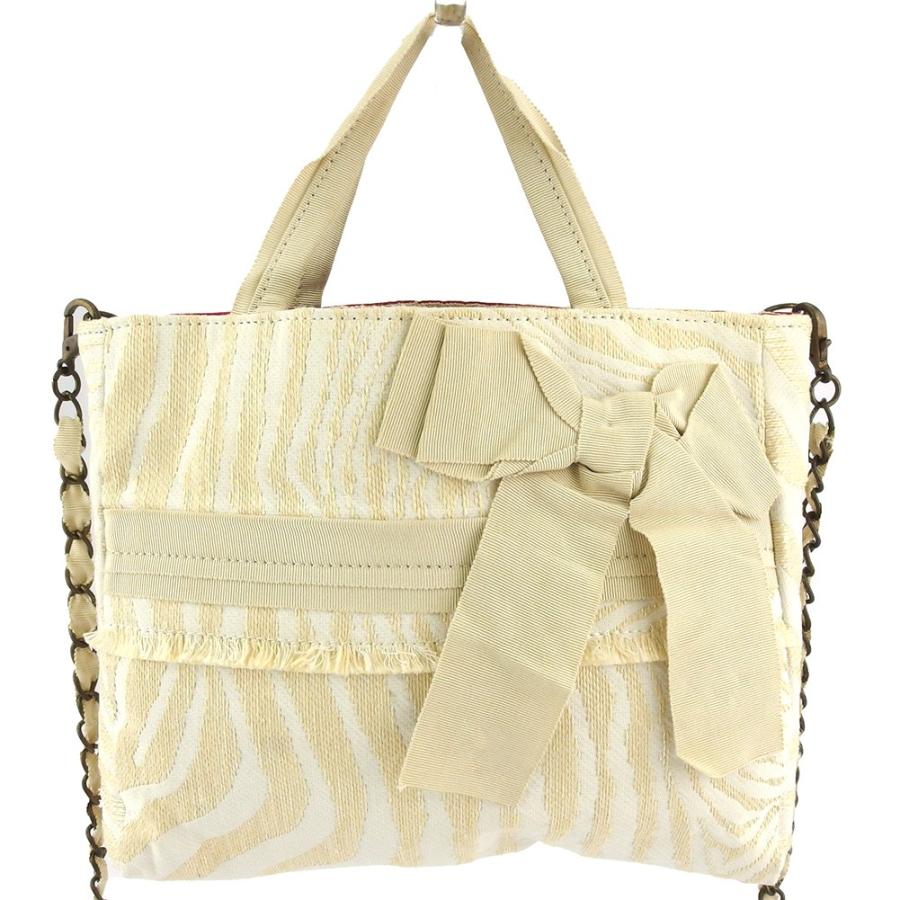 【週末タイムSALE★30％OFF】ランバン 2WAY ショルダーバッグ ハンドバッグ レディース リボン チェーンショルダー ゼブラ ホワイト 白 ベージュ 中古